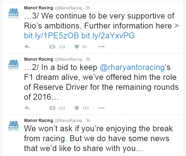 Breaking News: Rio Haryanto Resmi Dicopot oleh Tim F1-nya, Manor Racing 9