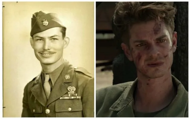 Desmond Doss asli dan Andrew Garfield yang memerankan Desmond Doss dalam Hacksaw Ridge