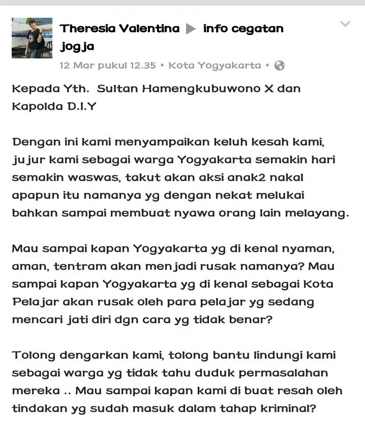 Surat untuk Sultan Hamengkubuwono X, Mohon Lindungi Kami dari Kejahatan Klitih! Jogja Berhenti Nyaman 4