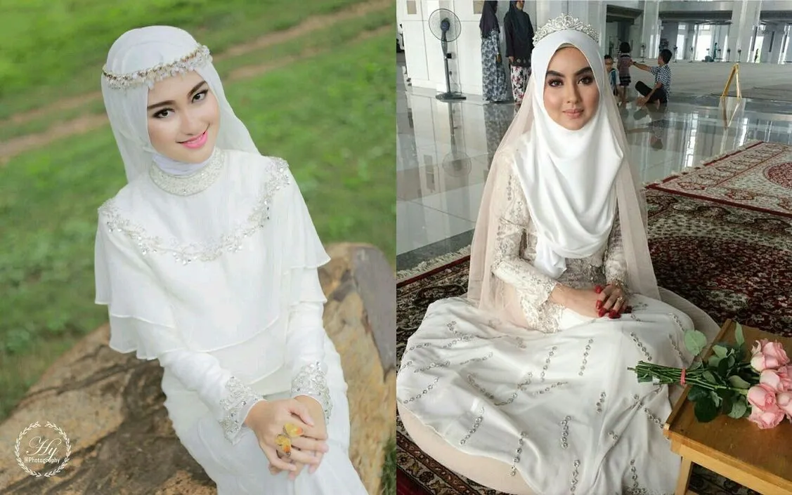 14 Inspirasi Gaun Pengantin Syar’i Berwarna Putih. Tampil Cantik dengan Jilbab Lebar, Kenapa Tidak?