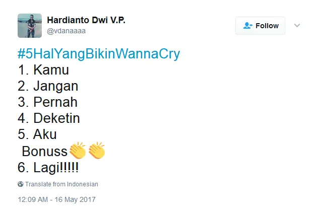 Kocak! Netizen Bikin Tagar #5HalyangBikinWannaCry, Bukan Nama Virus, Tapi Beneran ‘Wanna Cry’ :( 19