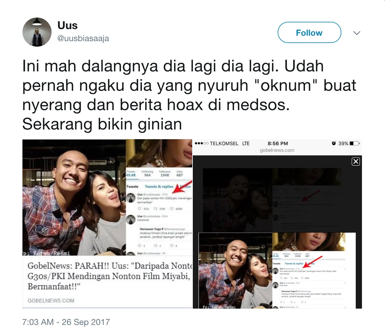 Jadi Korban Oknum Penyebar Kebencian, Uus Dibilang Lebih Pilih Nonton Miyabi Ketimbang Film G30S/PKI