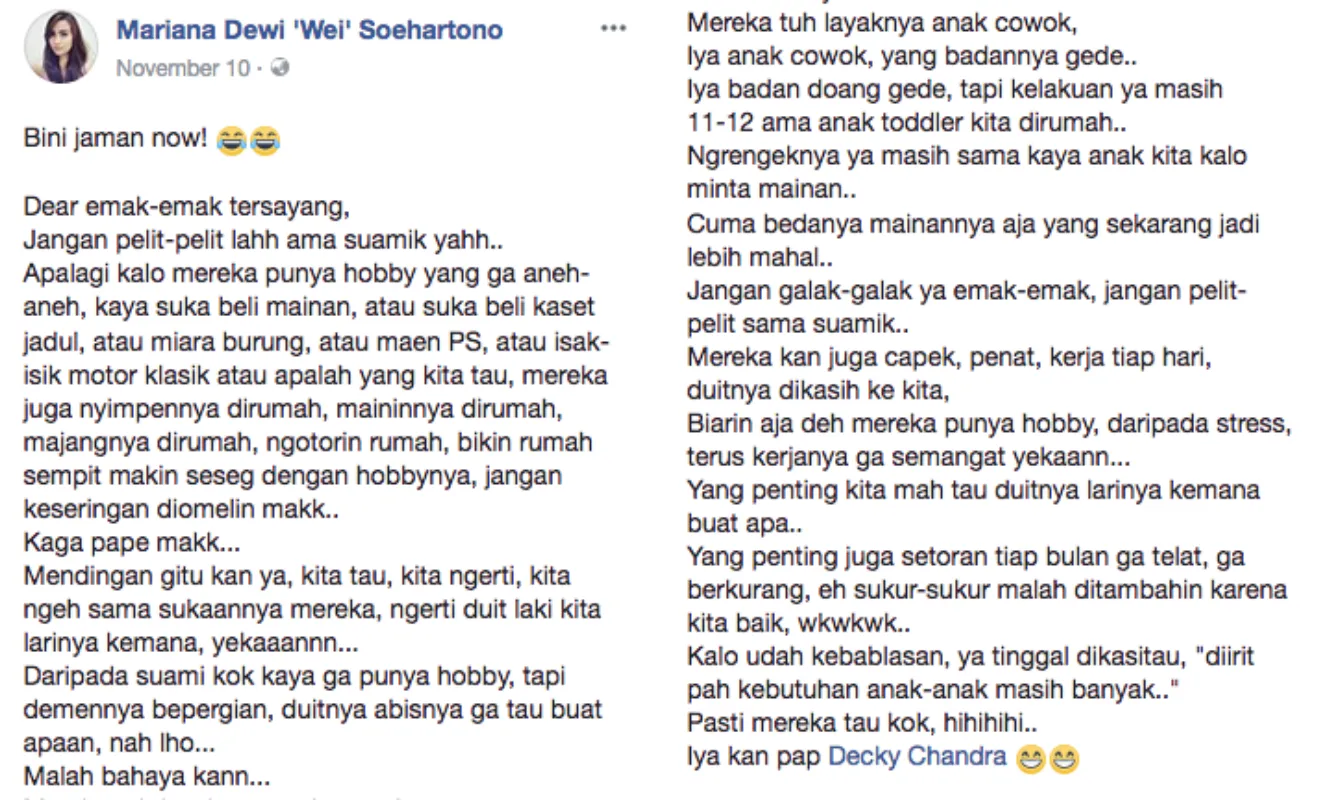 Bikin Status Soal Istri yang Seharusnya Nggak Melarang Hobi Suami, Cewek Ini Didukung Ribuan Warganet 5