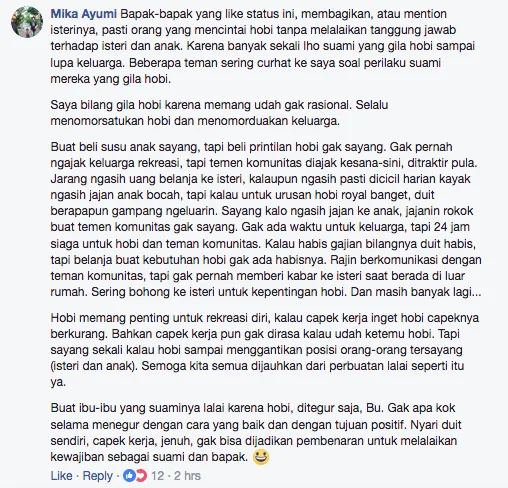 Bikin Status Soal Istri yang Seharusnya Nggak Melarang Hobi Suami, Cewek Ini Didukung Ribuan Warganet 6