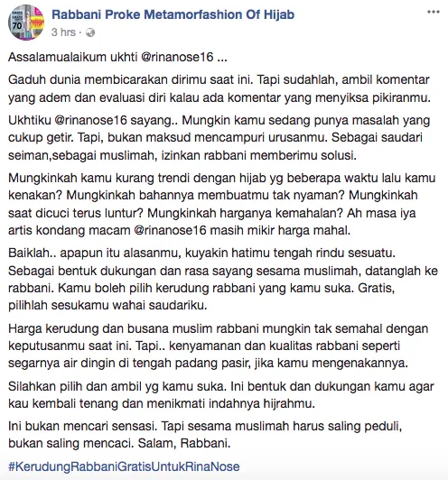 Gratiskan Kerudung, Rabbani Dituding Promosi. Padahal Katanya Ini Bentuk Dukungan buat Rina Nose Loh 5