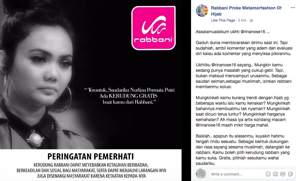 Gratiskan Kerudung, Rabbani Dituding Promosi. Padahal Katanya Ini Bentuk Dukungan buat Rina Nose Loh