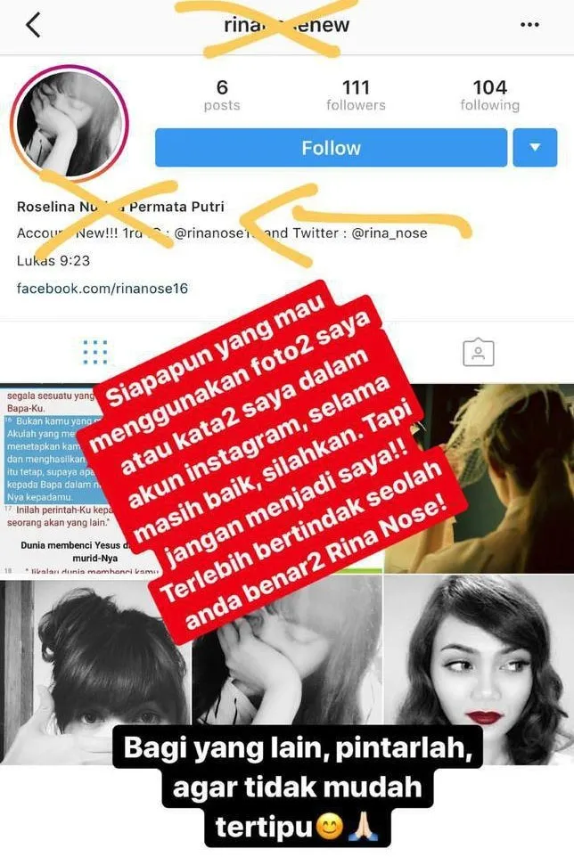 Ada Akun Palsu Rina Nose yang Menyebar Isu-Isu Baru, Awas, Kita Harus Bisa Bedain! 6