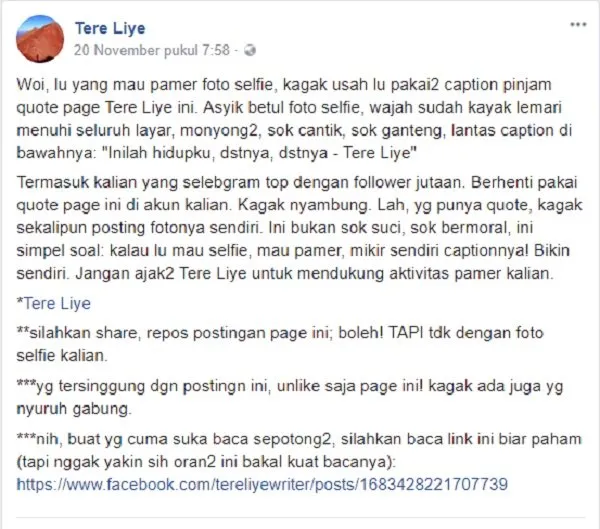 Ungkapkan Kekesalan, Tere Liye Gegerkan Jagat Maya. Cuma Cari Sensasi atau Memang Bikin Emosi, Bang? 4