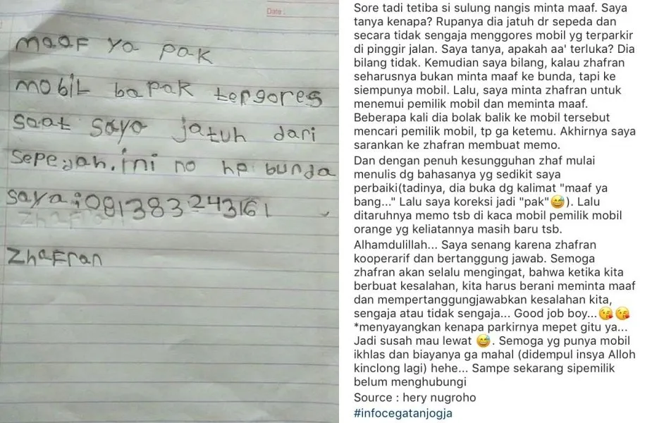 Bocah Kecil Ini Tinggalkan Surat Pertanggungjawaban Setelah Menggores Mobil di Tepi Jalan. Salut! 4