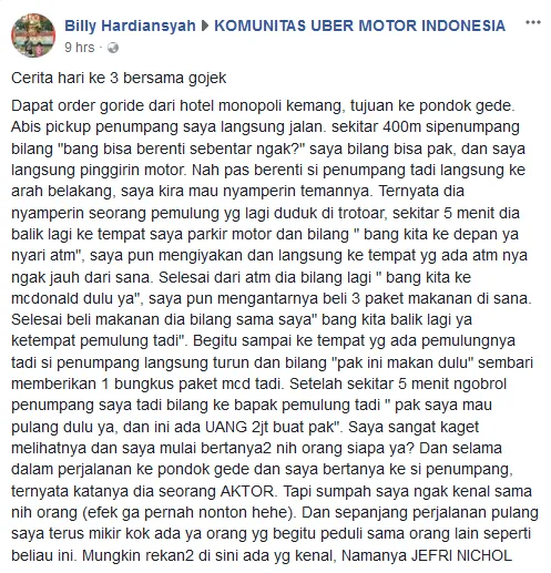 Beliin Makan dan Kasih Uang buat Pemulung, Abang Ojol Nggak Tahu Penumpangnya itu Ialah Jefri Nichol 4