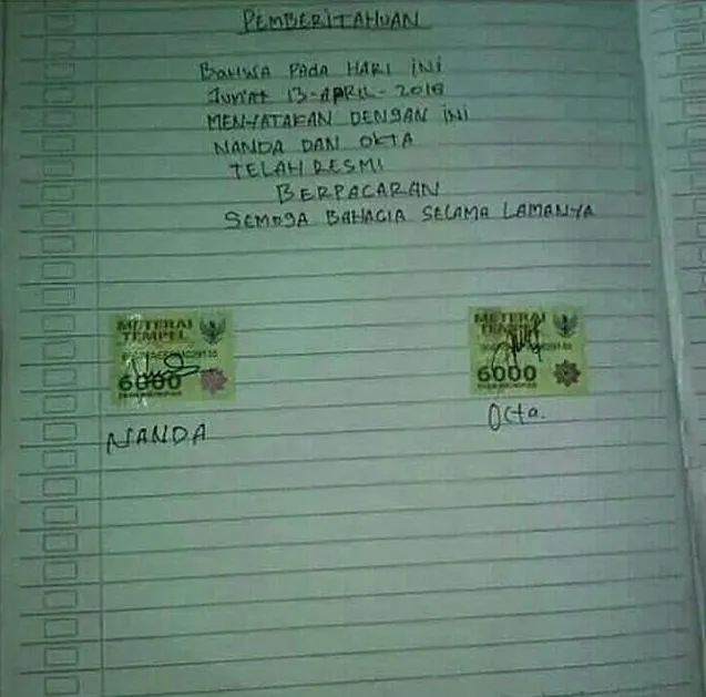 Kocak Abis, Pasangan ini Bikin Surat Perjanjian Pacaran Pakai Materai 6 Ribu. Kalau Putus, Masuk Bui? 4