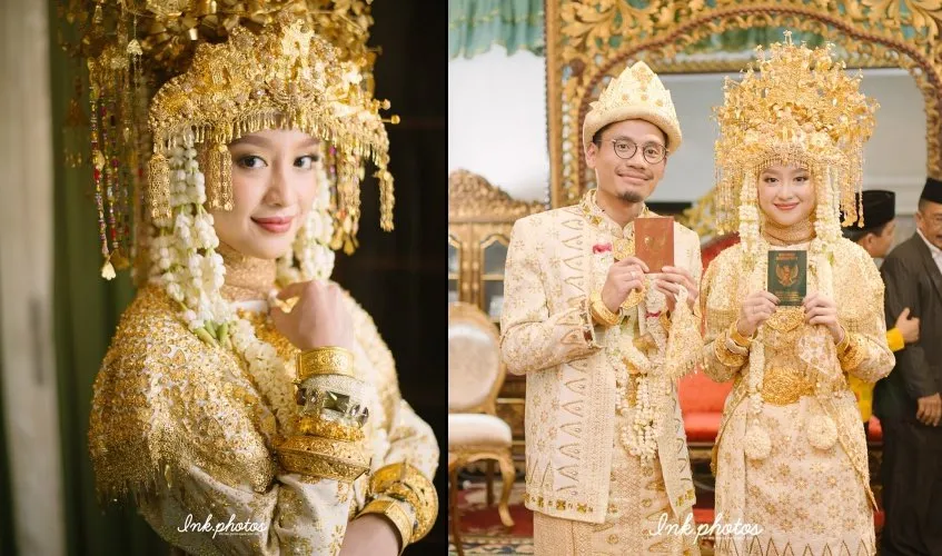 Pesta Pernikahan Gitasav Mengenakan Busana Adat Palembang. Tampak Anggun dalam Ketradisionalan