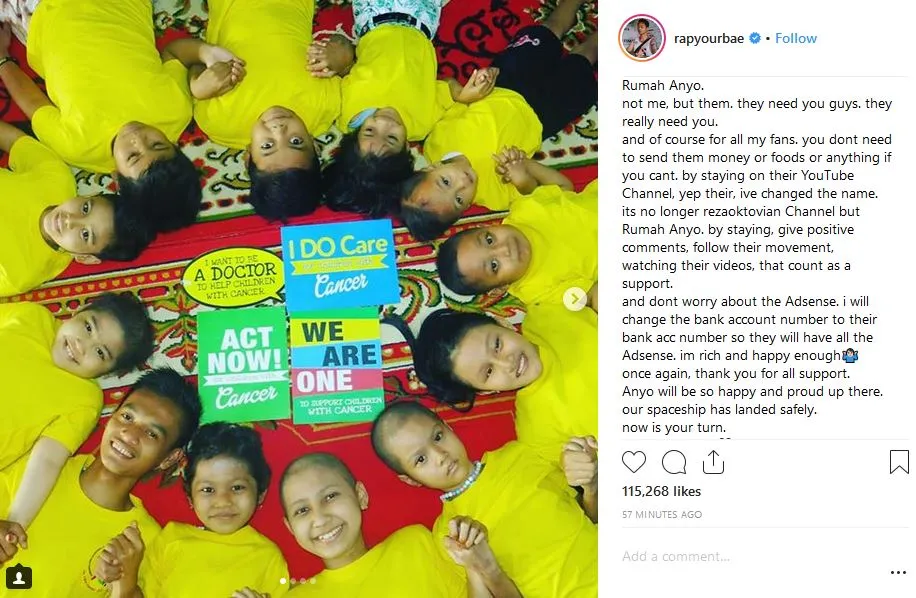 Sempat Hapus Channel YouTube-nya, Reza Arap Kasih 2,5 Juta Subscribers-nya untuk Yayasan Kanker Anak 4