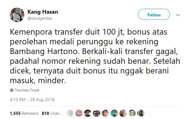 13 Tweet Kocak Warganet Saat Bambang Hartono Dapat Bonus Asian Games. Remah Rengginang! 14