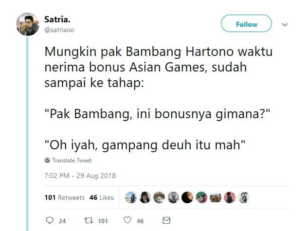 13 Tweet Kocak Warganet Saat Bambang Hartono Dapat Bonus Asian Games. Remah Rengginang! 20