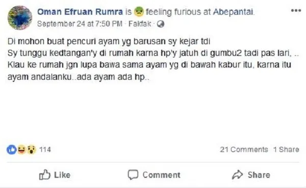Cowok ini Lebih Milih Balikin HP Maling yang Ketinggalan, Asal Ayamnya Dibalikin. Kocak Banget! 4