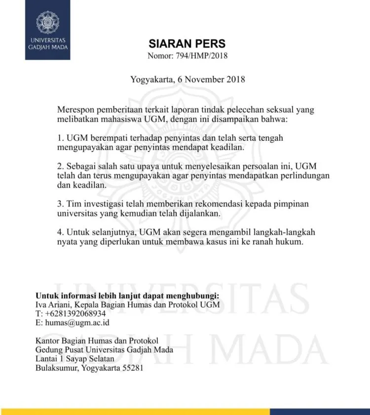 Setahun Berlalu, Kasus Pemerkosaan Mahasiswi UGM Terkuak ke Publik. Ini 6 Fakta yang Perlu Kamu Tahu 14