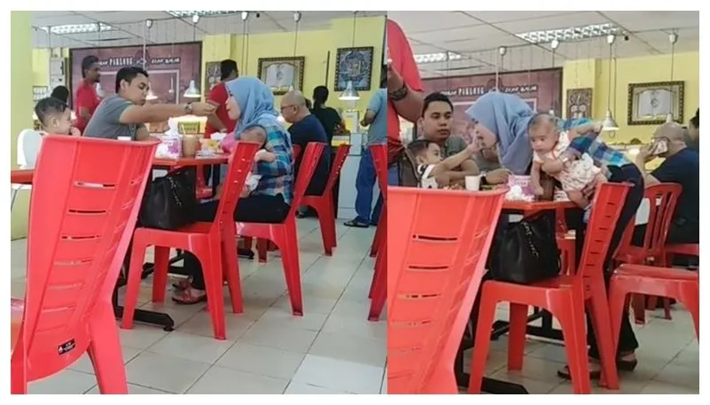 Nggak Mau Kalah Romantis dari sang Ayah, Bocah ini Juga Suapi Ibunya yang Menggendong Bayi. Gemes!