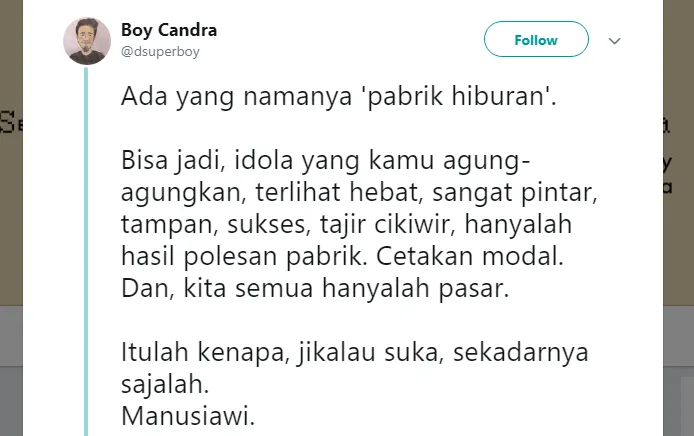 Boy Candra Berpesan untuk Nggak Fanatik sama Idola, Banyak Warganet yang Tersindir dengan Kicauannya 4