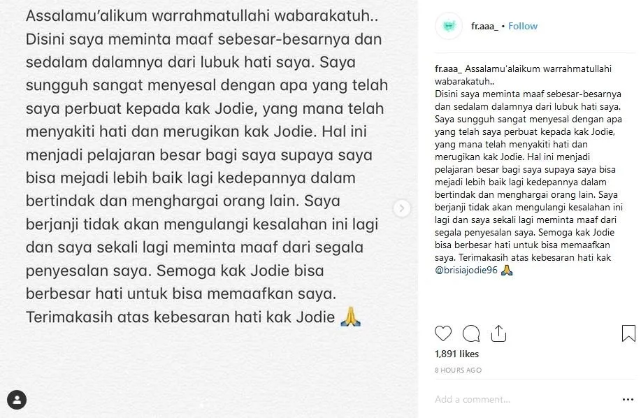 Brisia Jodie Kena Bully, Pelaku Minta Maaf Lewat Video Sambil Ketakutan. Super Pedas Kata-katanya! 6