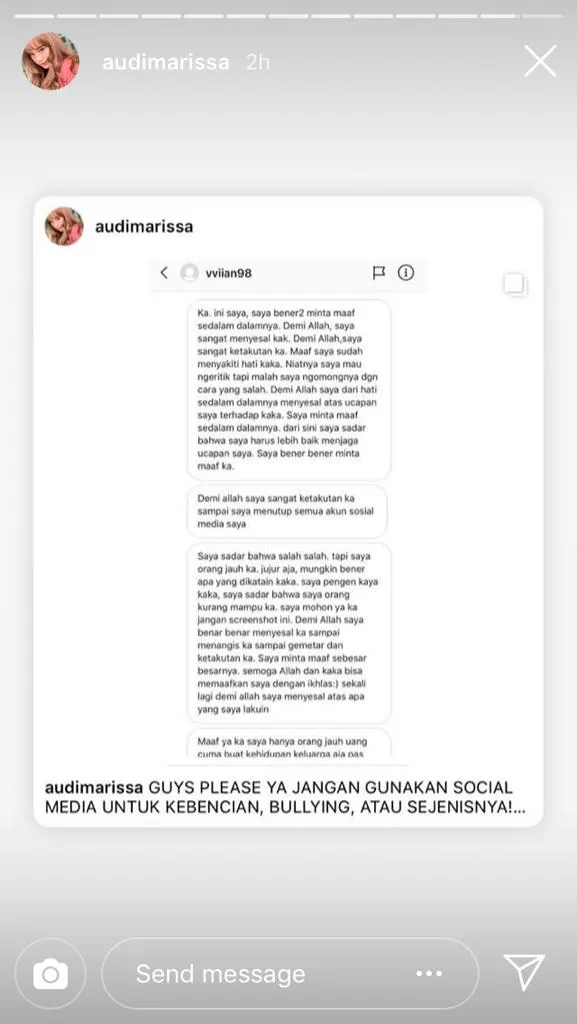 Audi Marissa Kena Bully, Gini Isi Pesan Singkat yang Ia Unggah ke Instagram. Miris! 8