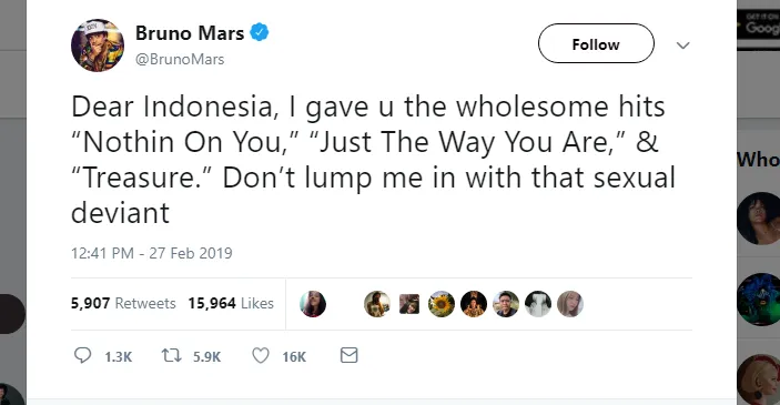 3 Sambatan Sarkas Bruno Mars di Twitter yang Sindir Indonesia Karena Lagunya Dilarang. Ciut nih :( 7