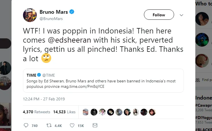 3 Sambatan Sarkas Bruno Mars di Twitter yang Sindir Indonesia Karena Lagunya Dilarang. Ciut nih :( 5
