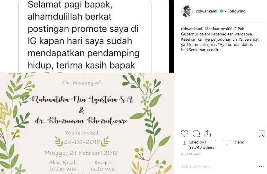 Akun IG-nya Jadi 'Ladang' Jodoh, Ridwan Kamil Diundang ke Nikahan Hasil Comblangannya. Ngakak Sih! 3