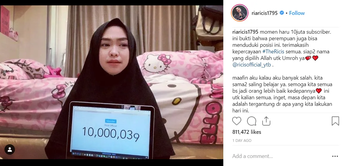 Jadi Vlogger Berhijab Pertama yang Raih 10 Juta Subscribers, Ria Ricis: