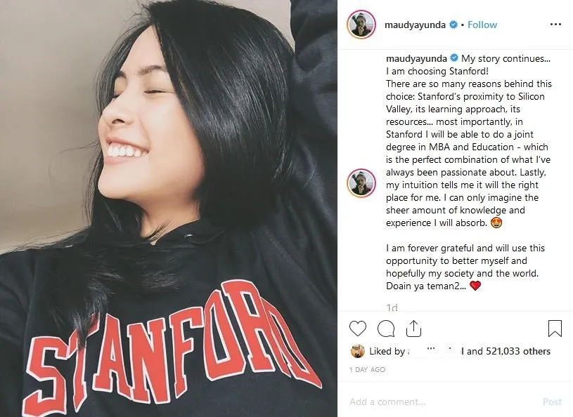 Maudy Ayunda Akhirnya Jatuhkan Pilihan, Ia Memilih Stanford dan Ini Alasannya! 3