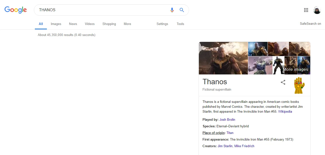 Google Ikut-Ikutan Demam Avengers. Kalau Kamu Tik Keyword 'Thanos' Hal Keren ini Bakal Muncul! 2