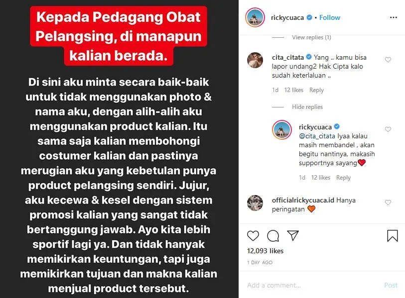 Sukses Turunkan Berat Badan, Foto Ricky Cuaca Justru Dimanfaatkan Penjual Obat Pelangsing 3