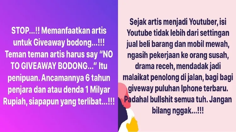 Semakin Marak Giveaway Bodong, Penulis Naskah Andi Atthira Peringatkan para Artis dan YouTuber 4