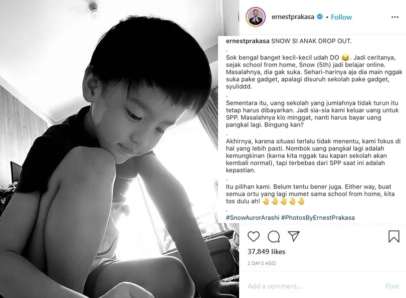 Pandemi Berdampak pada Kegiatan Belajar Mengajar, Anak Ernest Prakasa Pilih Berhenti Sekolah 3
