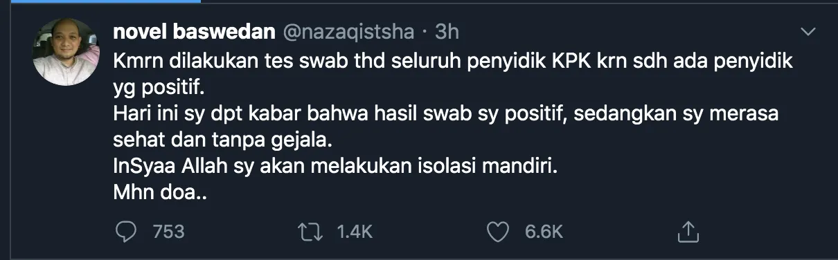 Tak Ada Gejala Sebelumnya, Penyidik KPK Novel Baswedan Dinyatakan Positif Corona 4