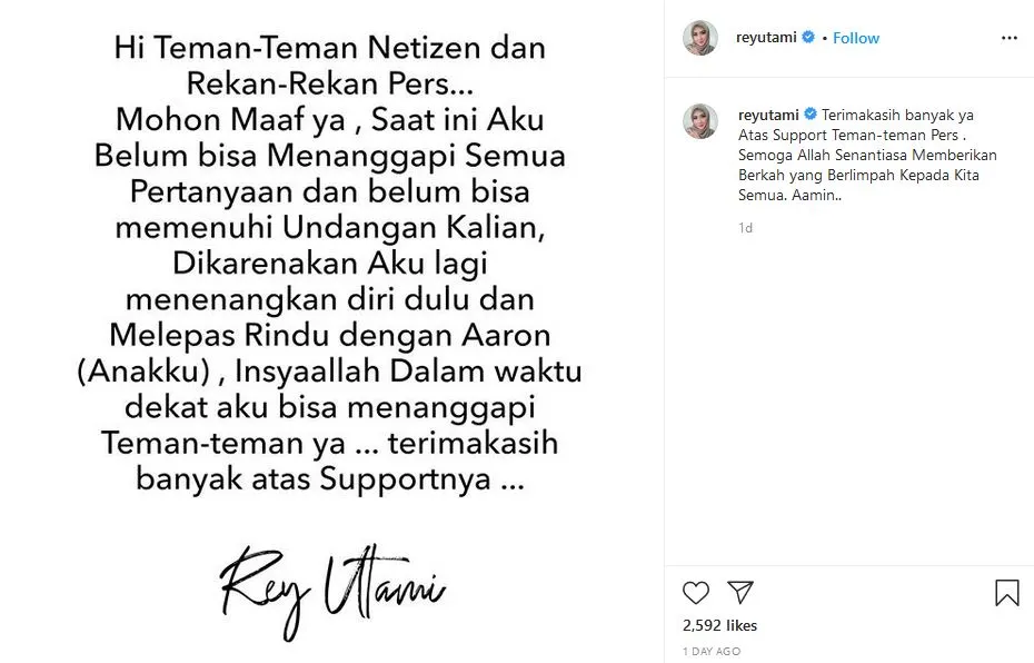 Belum Siap Muncul ke Publik Pasca Hirup Udara Bebas, Rey Utami: Lagi Melepas Rindu dengan Anakku 3
