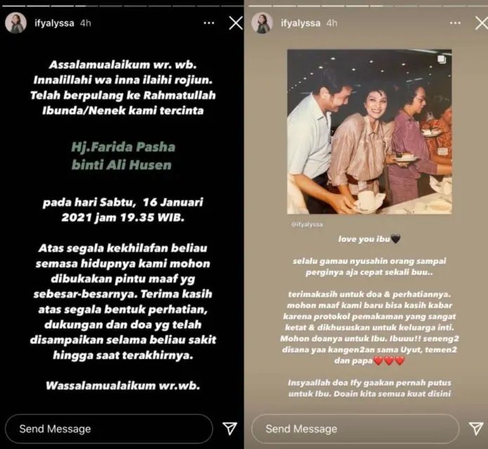 Artis Farida Pasha Meninggal Dunia, Ify Alyssa: Mohon Dibukakan Pintu Maaf Sebesar-besarnya 2