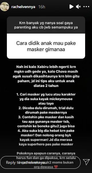 Penuhi Permintaan Warganet, Rachel Vennya Jawab Serba-serbi Parenting di IG Story. Ini Detailnya! 9