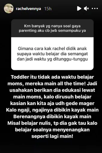 Penuhi Permintaan Warganet, Rachel Vennya Jawab Serba-serbi Parenting di IG Story. Ini Detailnya! 11
