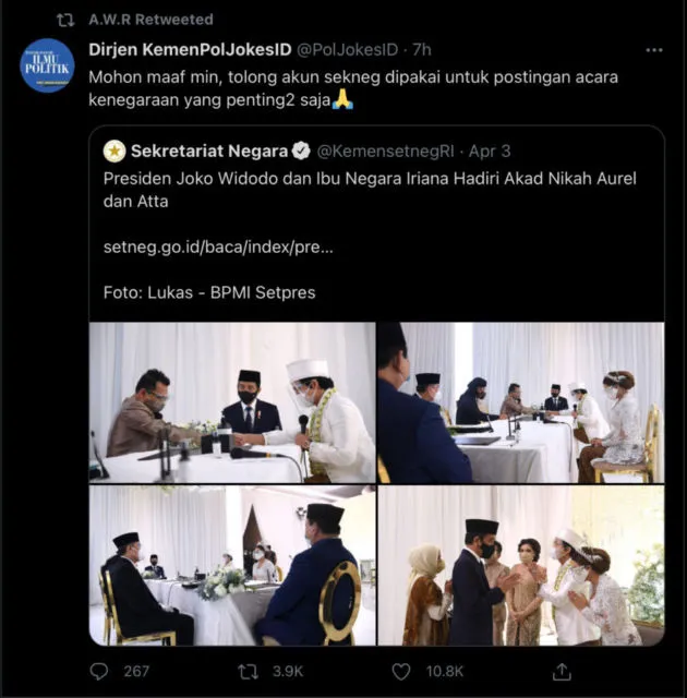 Unggah Momen Pernikahan Atta-Aurel, Akun Twitter Kementerian Sekretariat Negara Diserbu Warganet 15