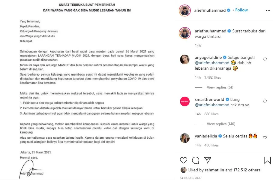 Soroti Imbas Larangan Mudik 2021, Arief Muhammad Bikin Surat Terbuka. Tuntut 3 Hal pada Pemerintah 2