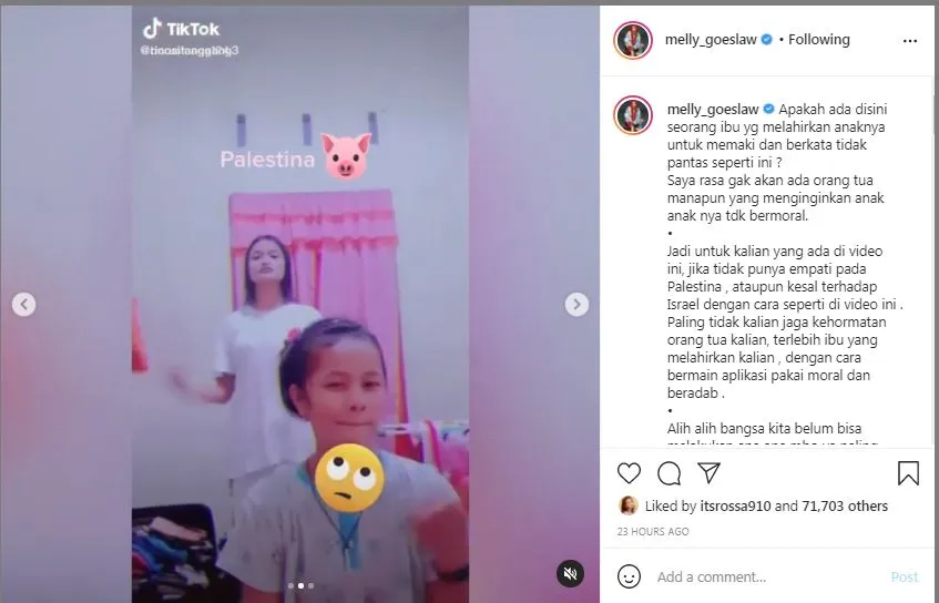 Video TikTok yang Hina Palestina Sedang Marak, Melly Goeslaw: Jaga Kehormatan Orang Tua Kalian! 4