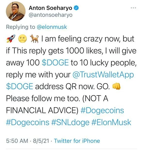 CEO MainGame Tantang Followers Elon Musk dengan Imbalan Dogecoin 4