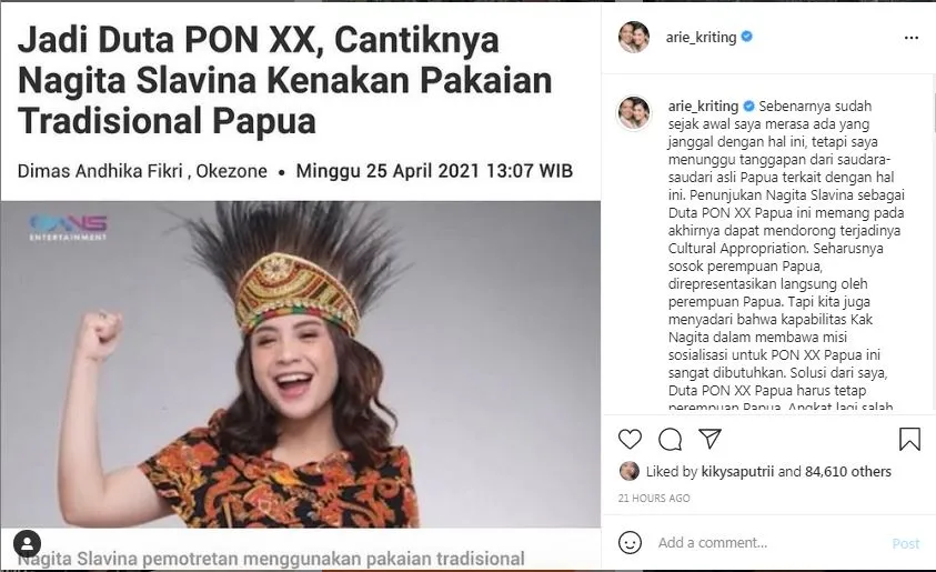 Nagita Dipilih Jadi Ikon PON XX, Arie Kriting Bahas Cultural Appropriation: Harusnya Perempuan Papua 2