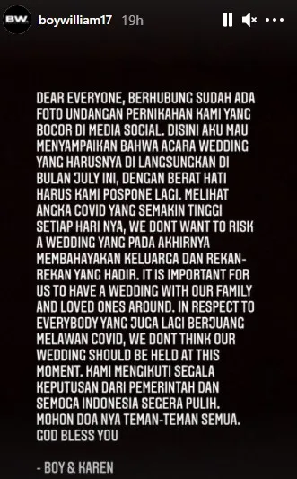 Potret Undangan Sempat Tersebar, Boy William Umumkan Pernikahannya Diundur untuk Ketiga Kalinya 3