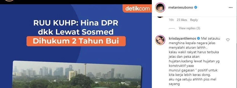 Melanie Subono Sindir RUU KUHP Soal Penghinaan DPR, Krisdayanti Langsung Beri Komentar 2