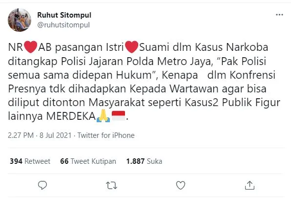NA dan AAB Tak Hadir Saat Konpers Kasus Narkotika, Ruhut Sitompul Singgung Soal Perlakuan Istimewa 4