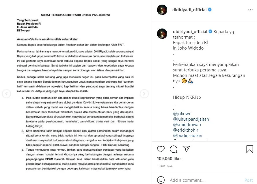 Tolak Wacana Perpanjangan PPKM Darurat, Didi Riyadi Tulis Surat Terbuka untuk Presiden 2