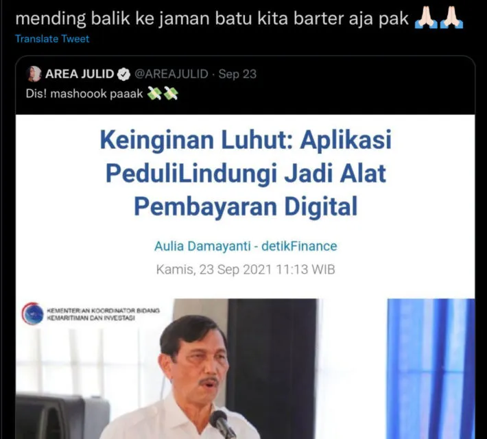 Luhut Pengin PeduliLindungi Jadi Alat Pembayaran Digital, Warganet: Nggak Sekalian Jadi Medsos? 16