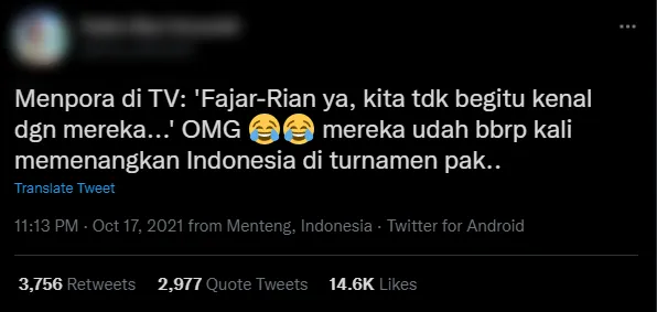 Momen Menpora Sebut Fajar dan Rian Sebagai Pemain Tunggal Putra Tuai Reaksi dari Warganet 4